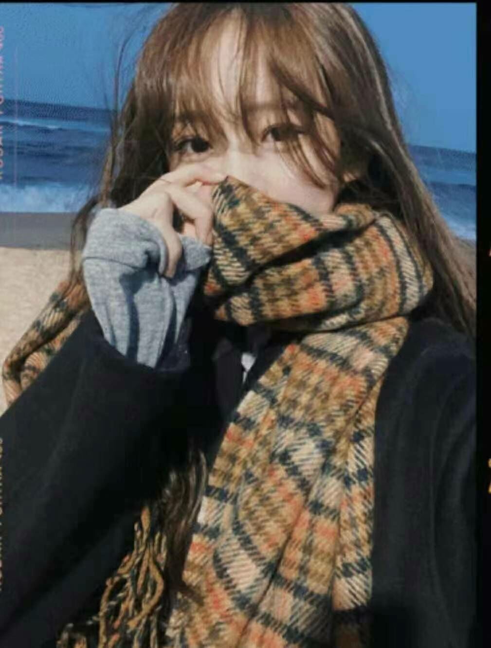 BN3243 復古日雜感薑黃色格仔圍巾