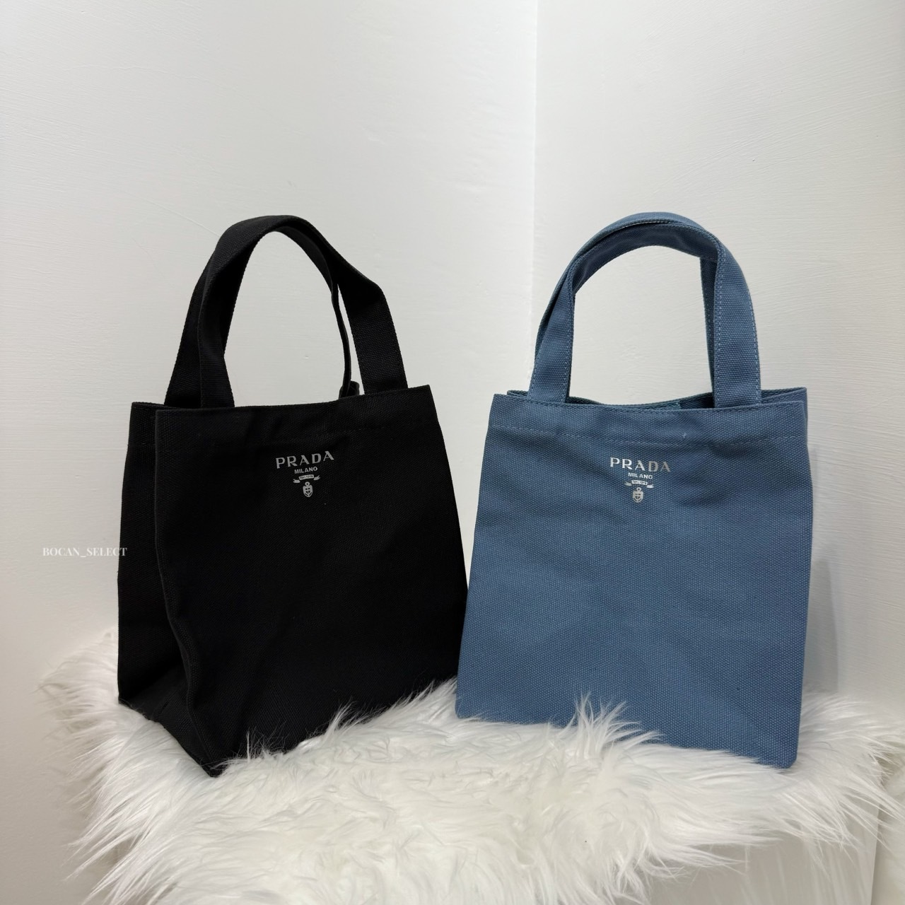 PRADA 帆布手提袋 購物袋 經典黑 牛仔藍