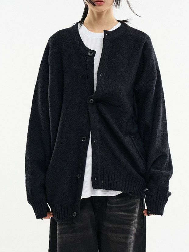 淨色圓領破洞開胸針織外套 ALLWAYS-028JK