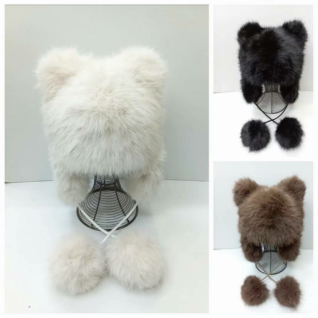 BN3267 超大兔毛毛球吊飾保暖帽