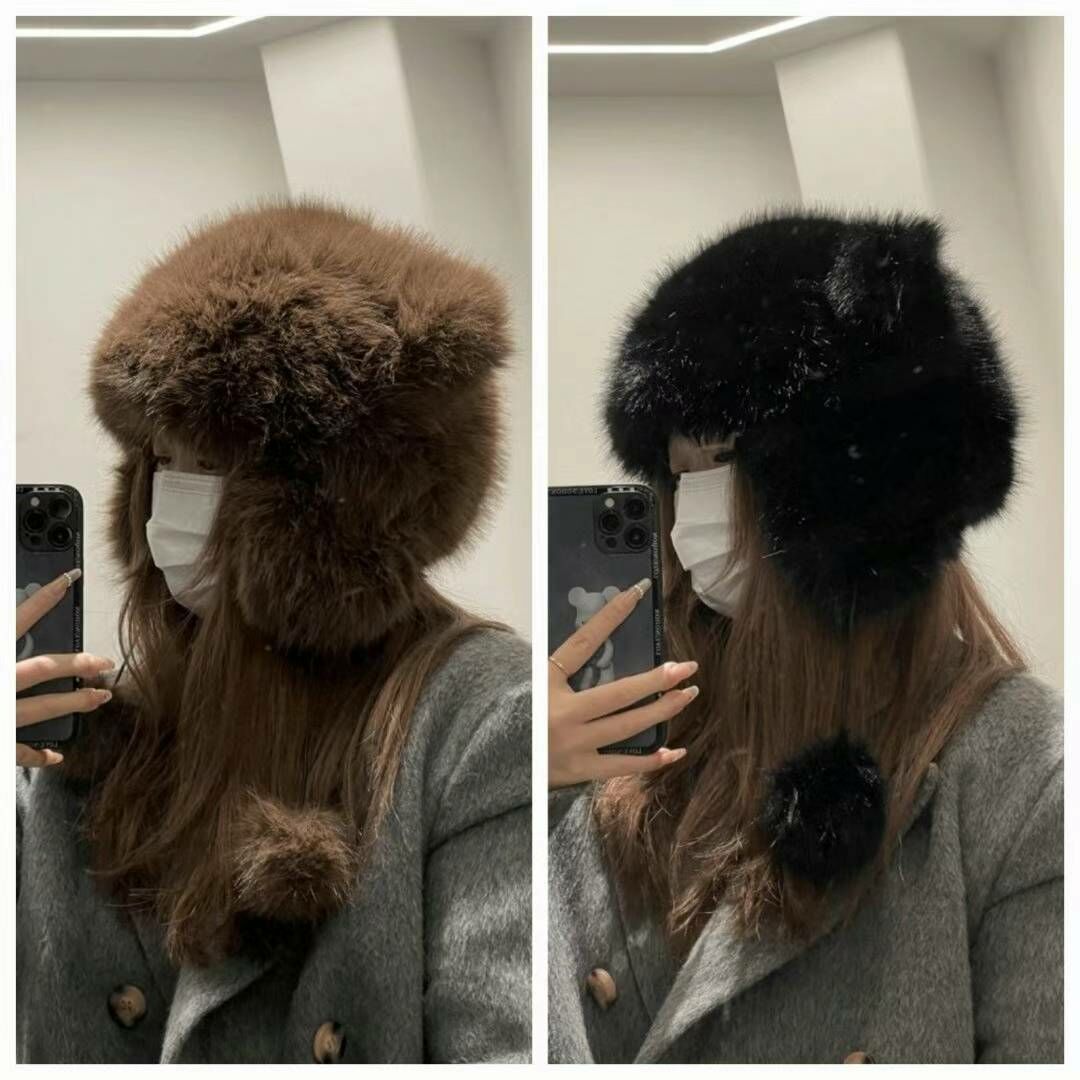 BN3267 超大兔毛毛球吊飾保暖帽