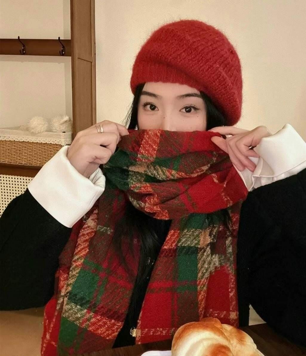 BN3272 紅綠拼色英倫風格紋圍巾