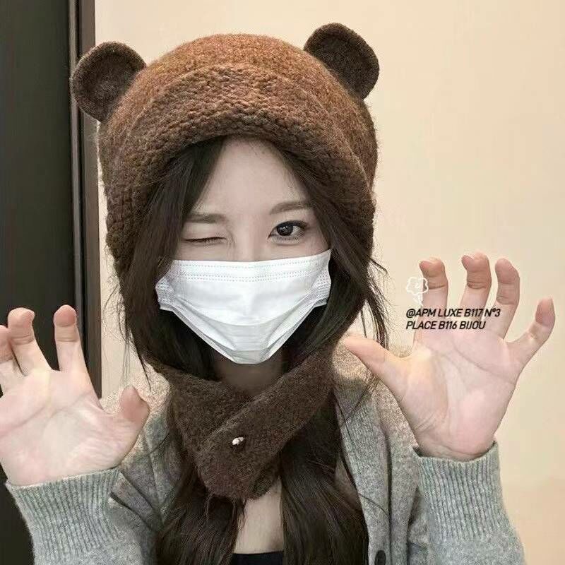 BN3275 可愛熊仔耳朵愛心鈕扣冷帽圍巾