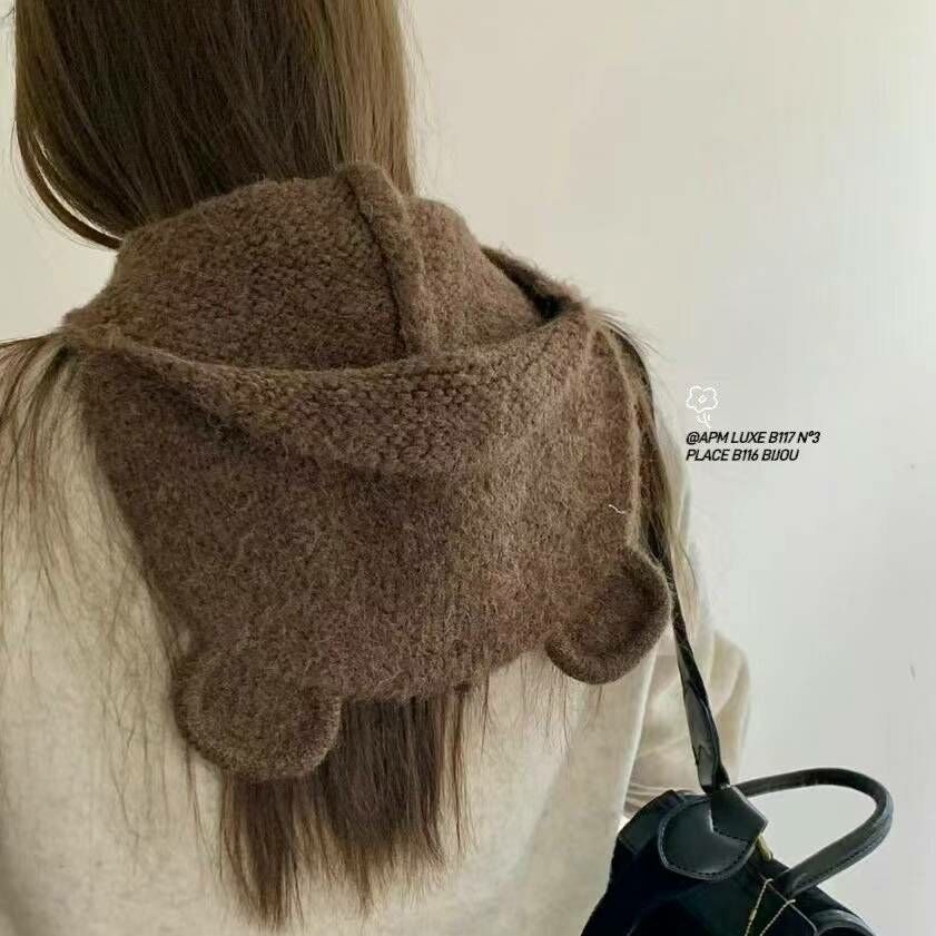 BN3275 可愛熊仔耳朵愛心鈕扣冷帽圍巾