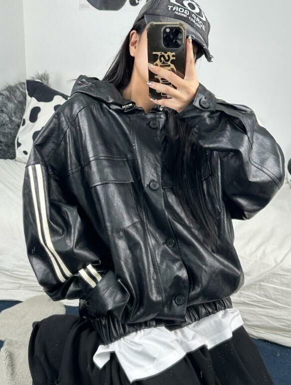 雙間連帽開胸合成皮褸 OWN-052JK