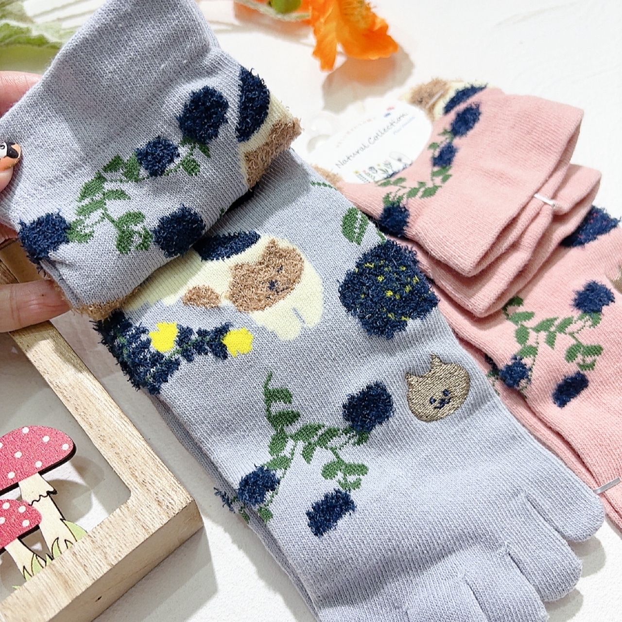 貓圖案五指短襪