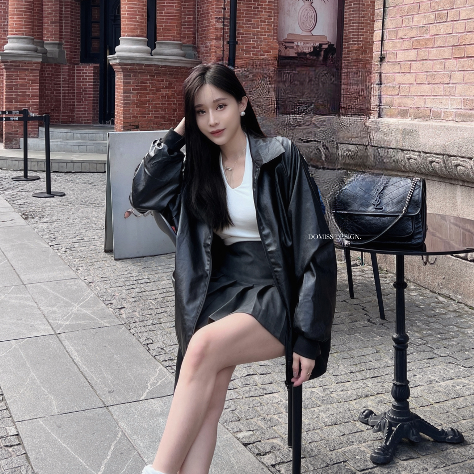 【百搭皮衣】DOMISS訂製-百搭寬鬆 皮外套 皮衣 夾克 寬鬆外套 皮革 外套(現貨)