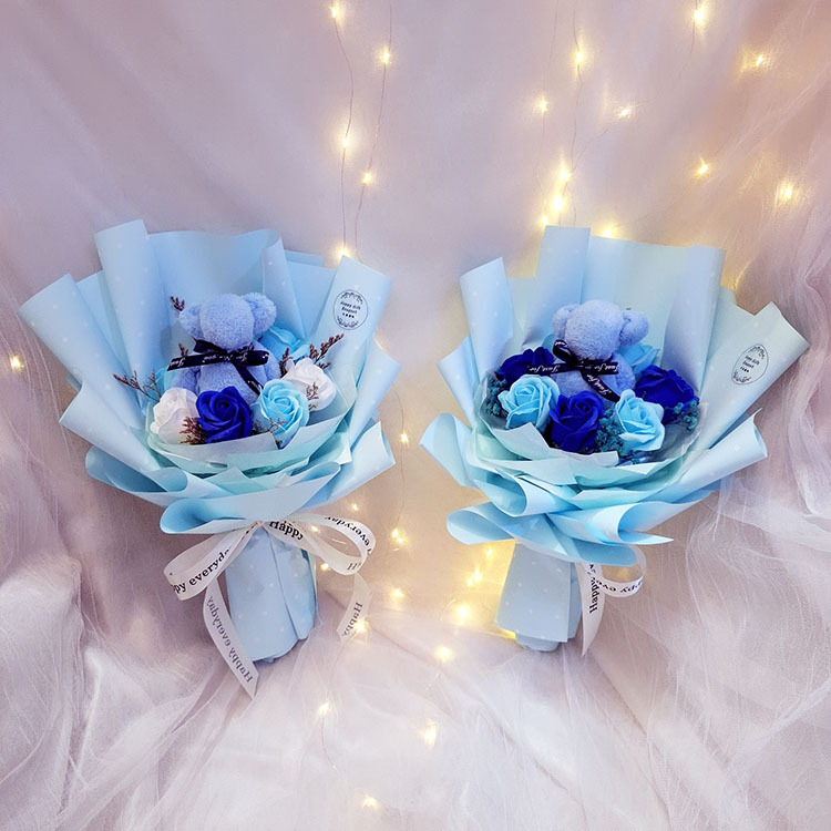 藍色小熊毛巾玫瑰香皂滿天星永生花束,桃園花店,bear-towl-soap-flower-Gypsophila-bouquet