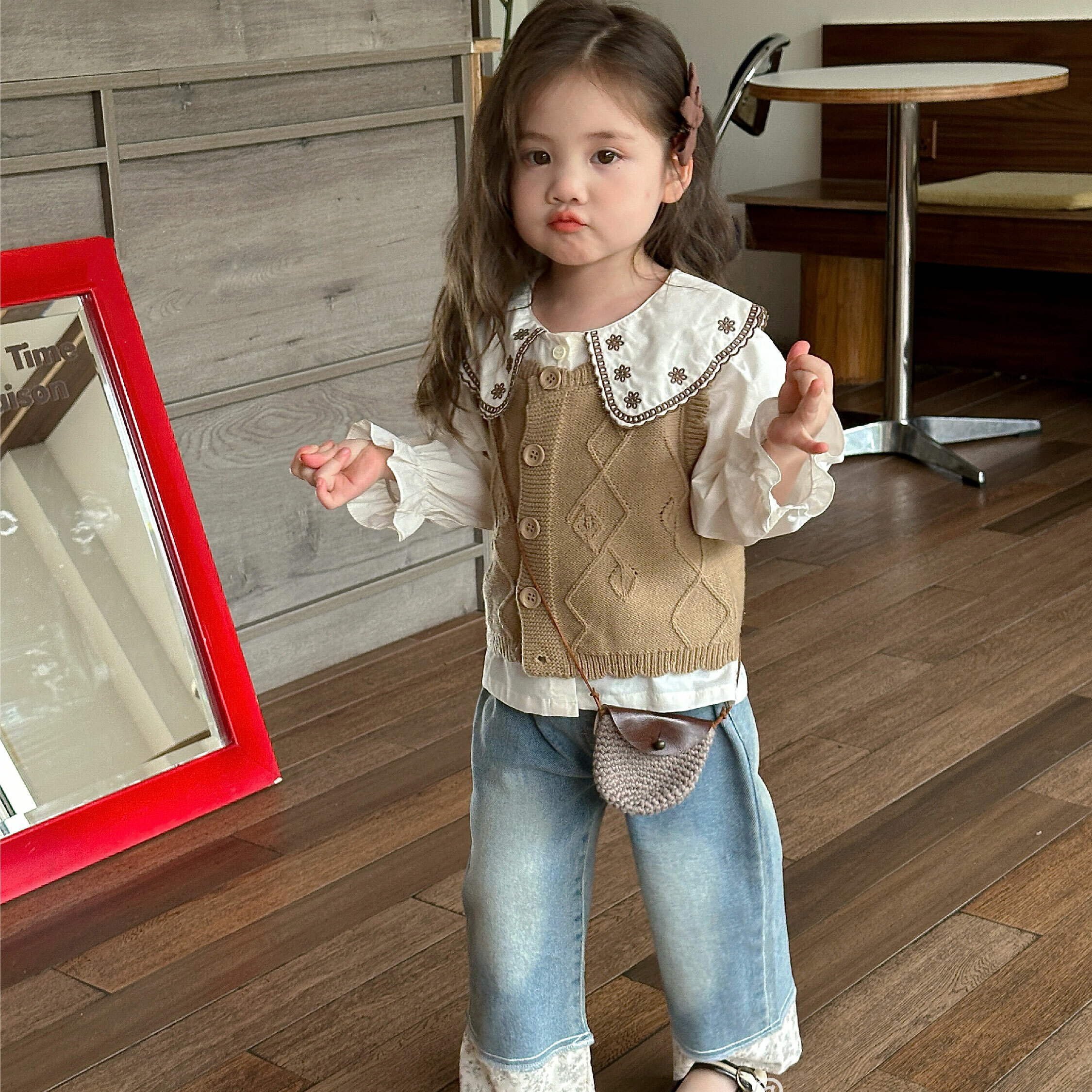 【H45485】精緻花邊刺繡翻領兩件式套裝/上衣