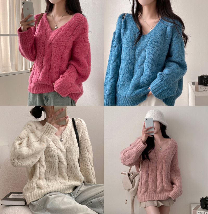 秋冬預訂｜粗麻花羊駝毛寬鬆 V 領針織上衣