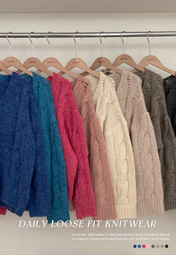 秋冬預訂｜粗麻花羊駝毛寬鬆 V 領針織上衣