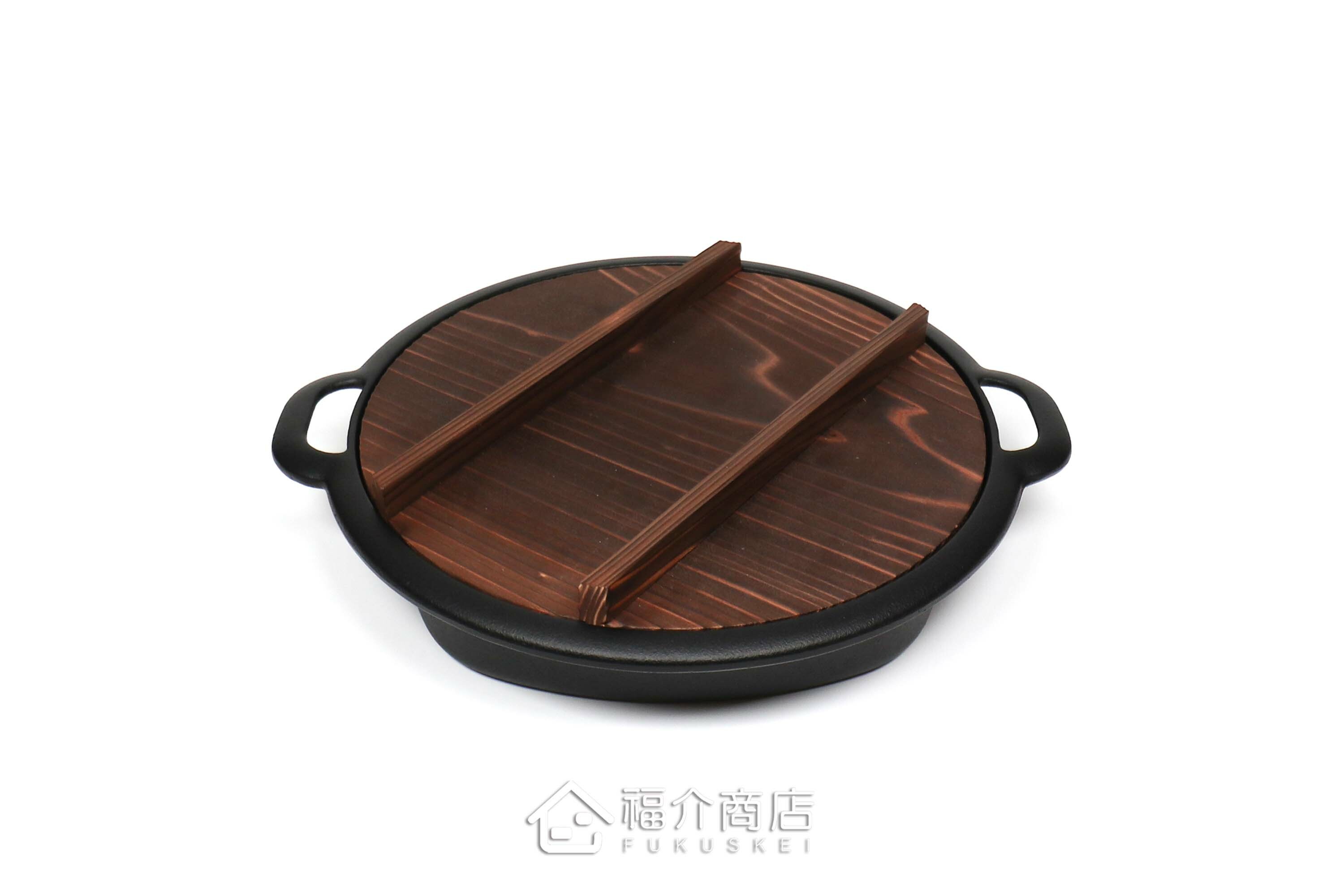 兼用煮壽喜燒或煎餃子的24cm黑色鑄鐵鍋有附木蓋