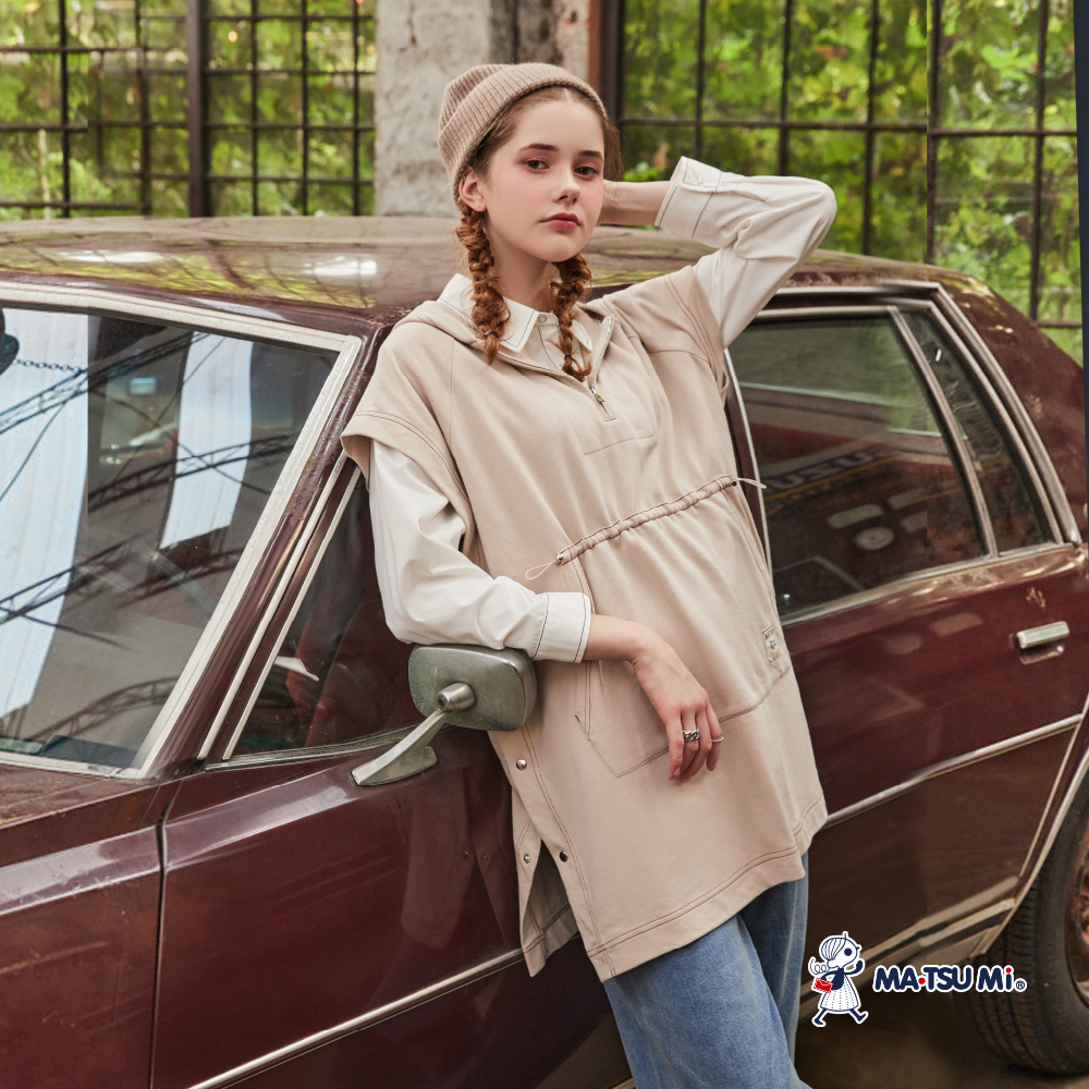 MA‧TSU Mi 抽繩連帽半拉鍊式外搭棉上衣(卡其.黑)