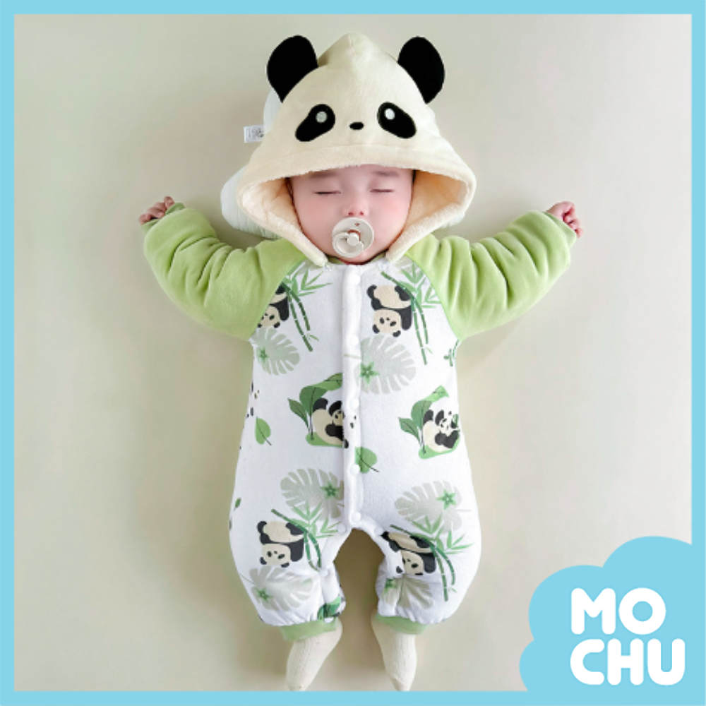 (59cm現貨)竹葉熊貓法蘭絨加厚連身衣(可拆帽)