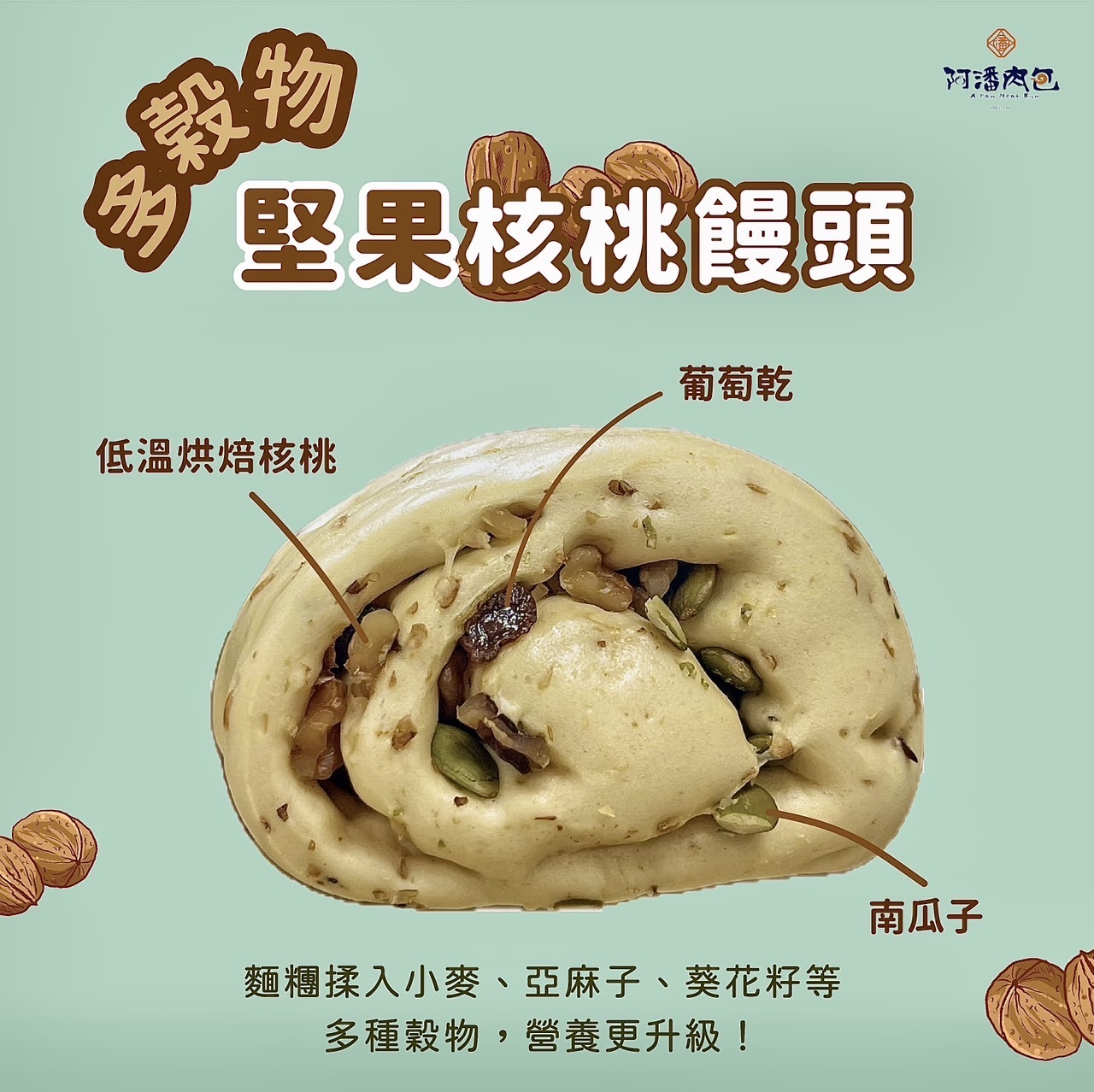 多穀物堅果核桃饅頭6入【冷凍】