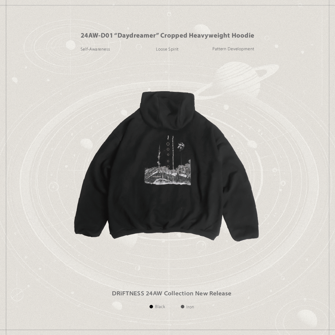 DRiFTNESS｜24AW-D01 “Daydreamer” 短版厚磅背圖帽T - Black