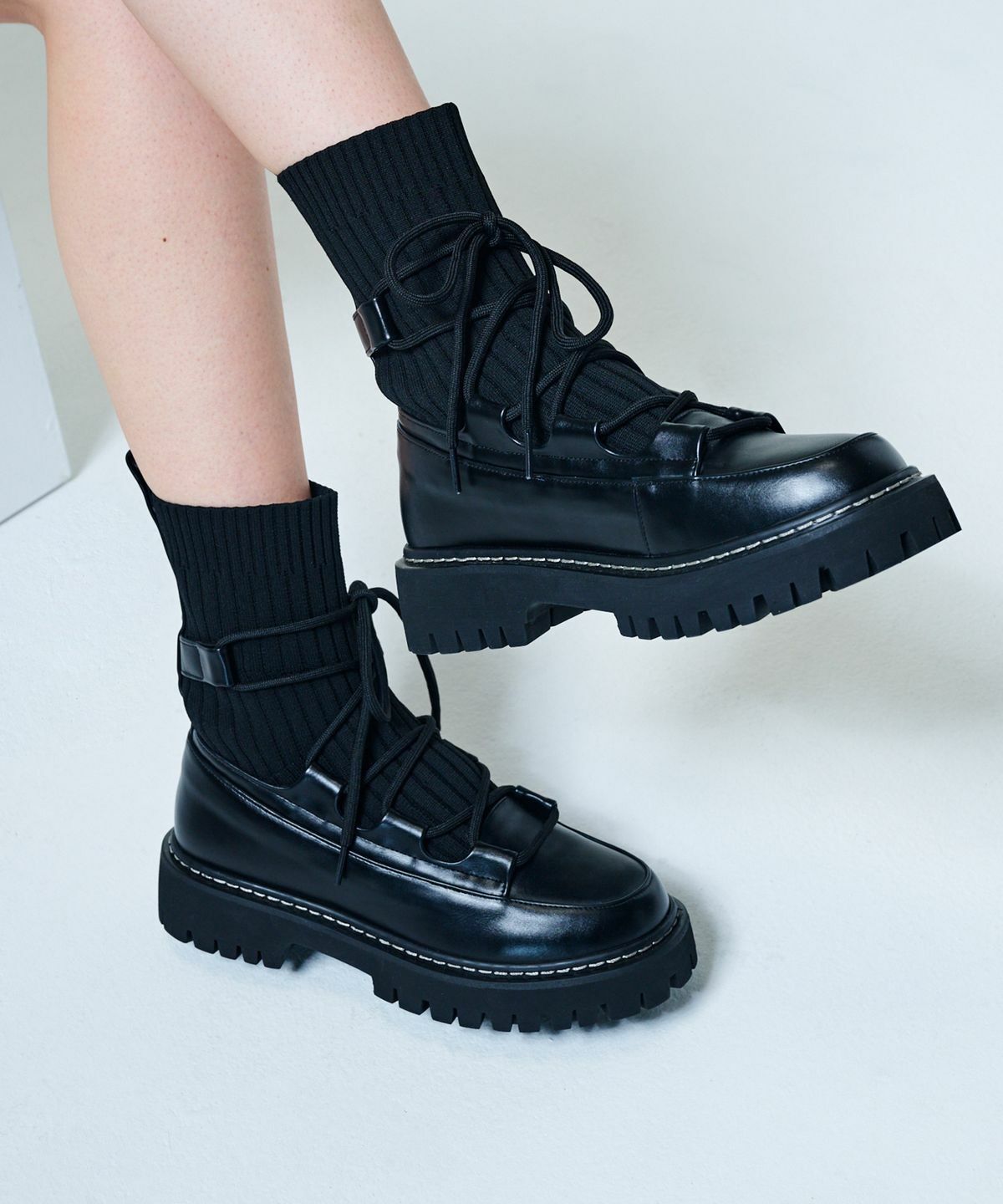 SALT AND CHOCOLATE Lace-up Chunky Sole Knit Socks Boots