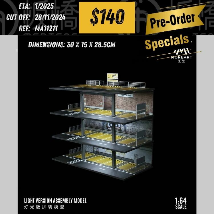 PO-$140 * MOREART * 1:64 DIORAMA - STEEL FRAME GARAGE PARKING LOT SCENE - US STYLE(30X15X28.5CM) [OD21/11]