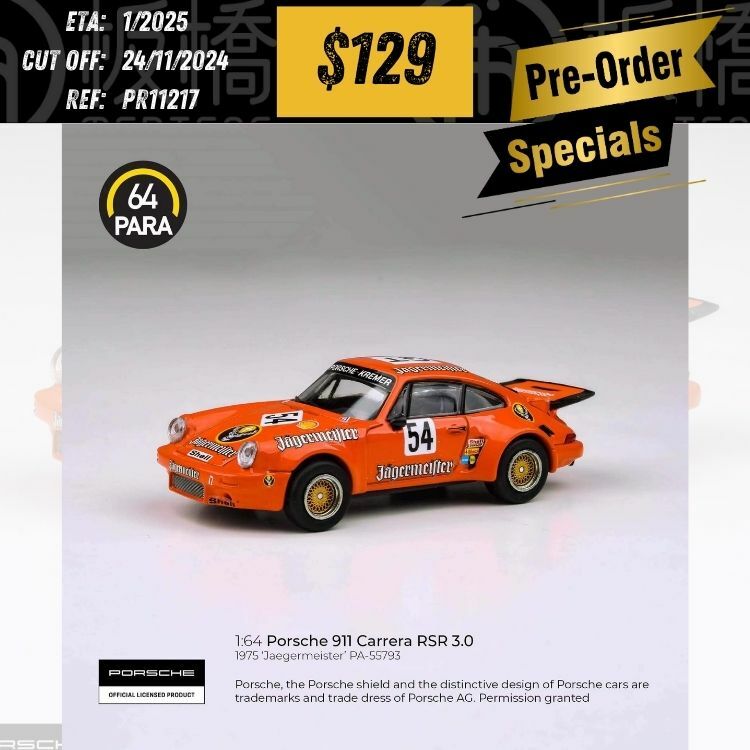 PO-$129 * PARA64 * 1:64 1974 PORSCHE 911 CARRERA RSR 3.0 JAGERMEISTER LHD [OD21/11]