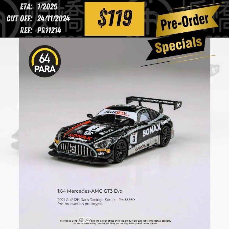 PO-$119 * PARA64 * 1:64 2021 MERCEDES-AMG GT3 EVO BLACK SONAX LHD [OD21/11]