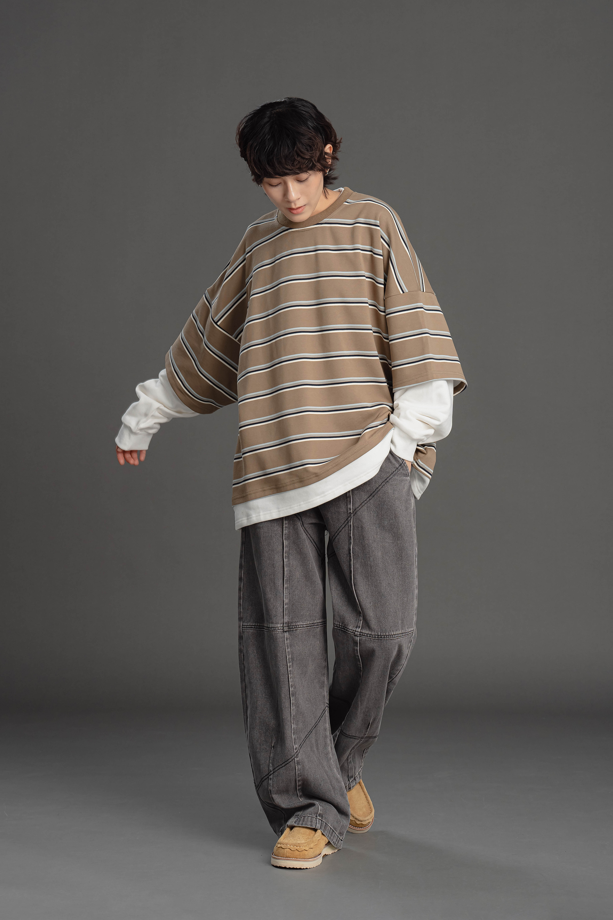 寬鬆條紋假兩件式長袖t 2色