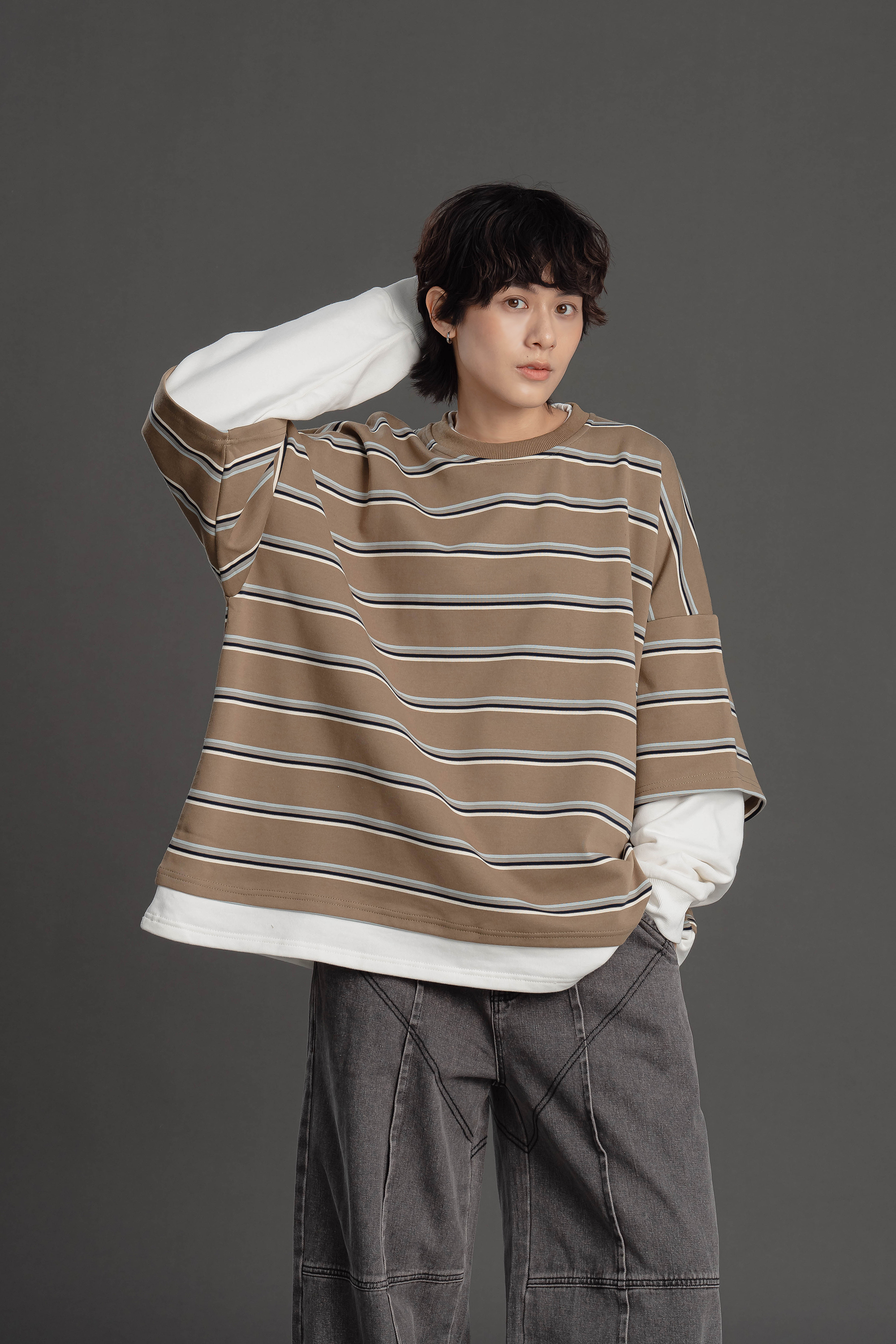 寬鬆條紋假兩件式長袖t 2色