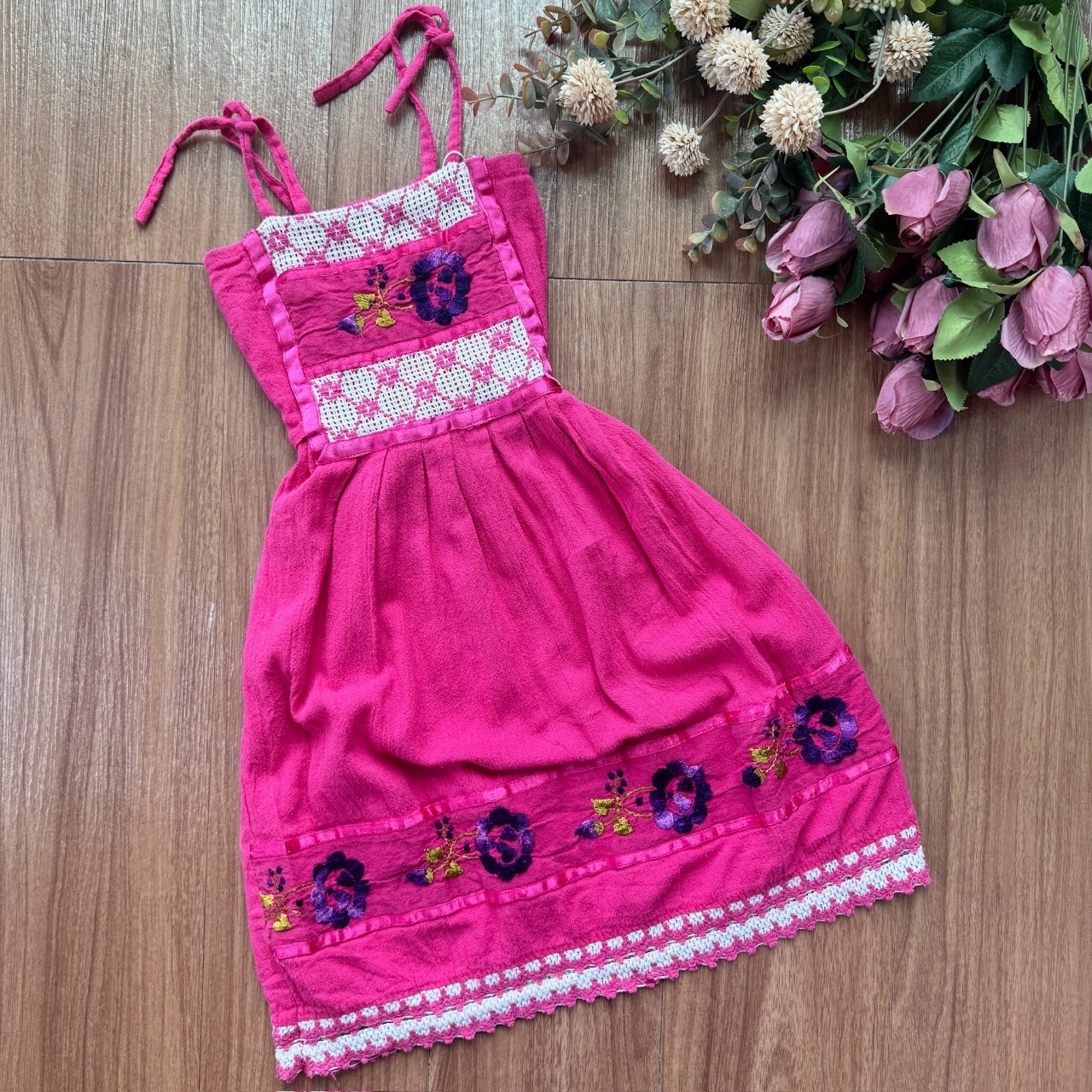 桃紅色墨西哥刺繡古著連身裙