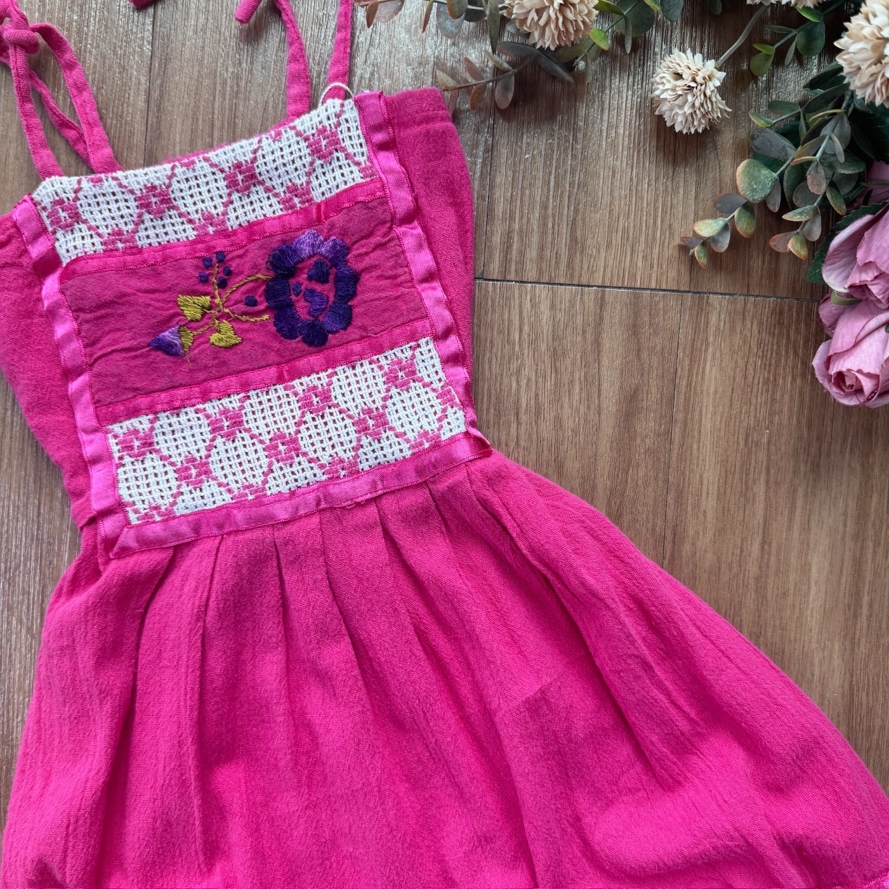 桃紅色墨西哥刺繡古著連身裙