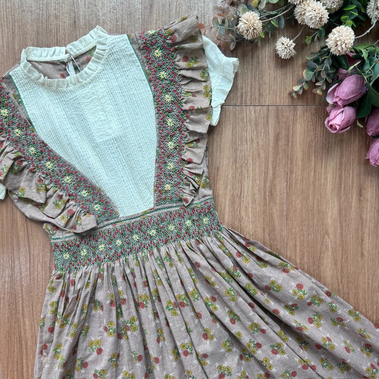 啡色清新小碎花古著連身裙