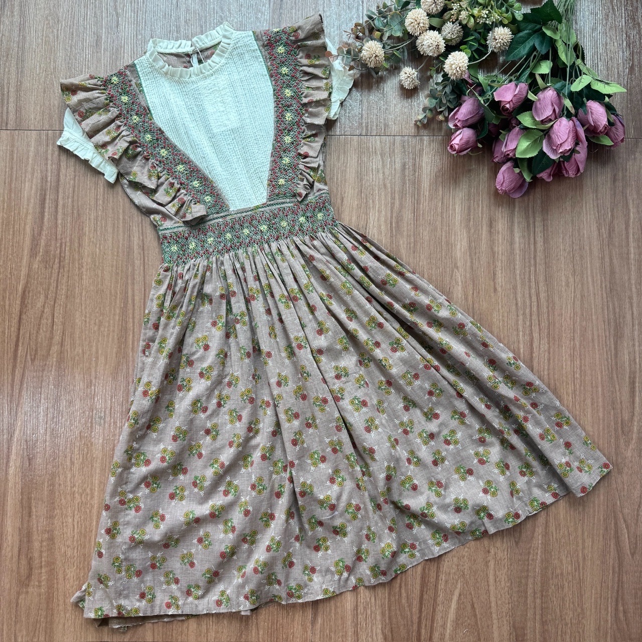 啡色清新小碎花古著連身裙