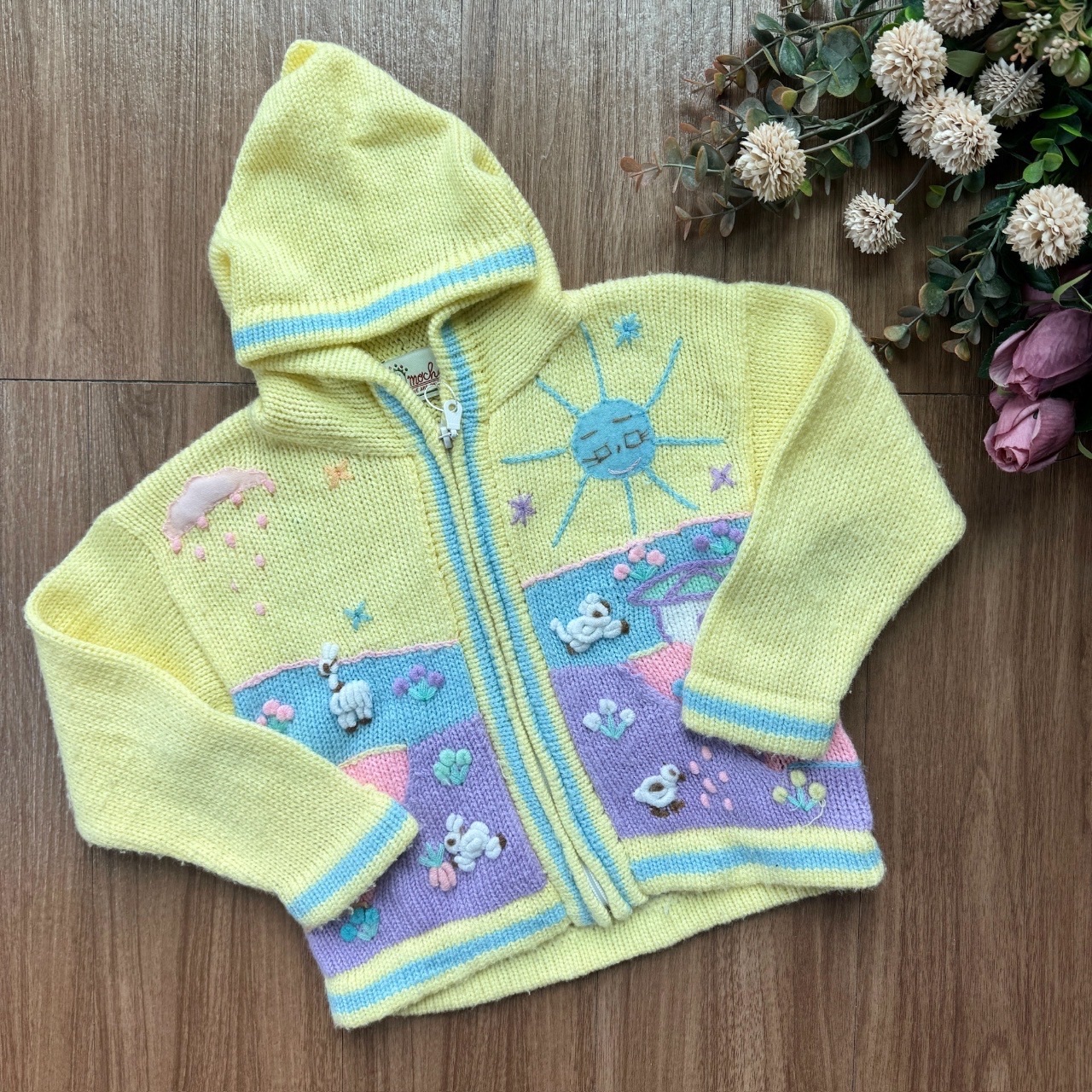 moche黃色可愛農場圖案刺繡毛衣