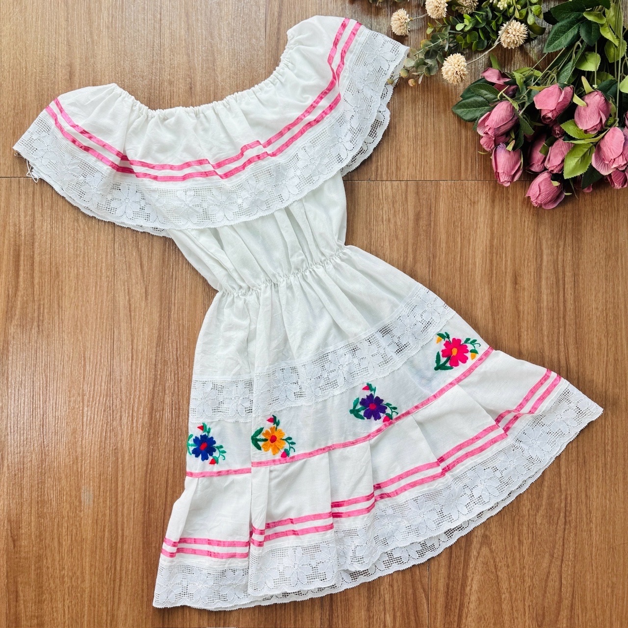 白色墨西哥刺繡古著連身裙