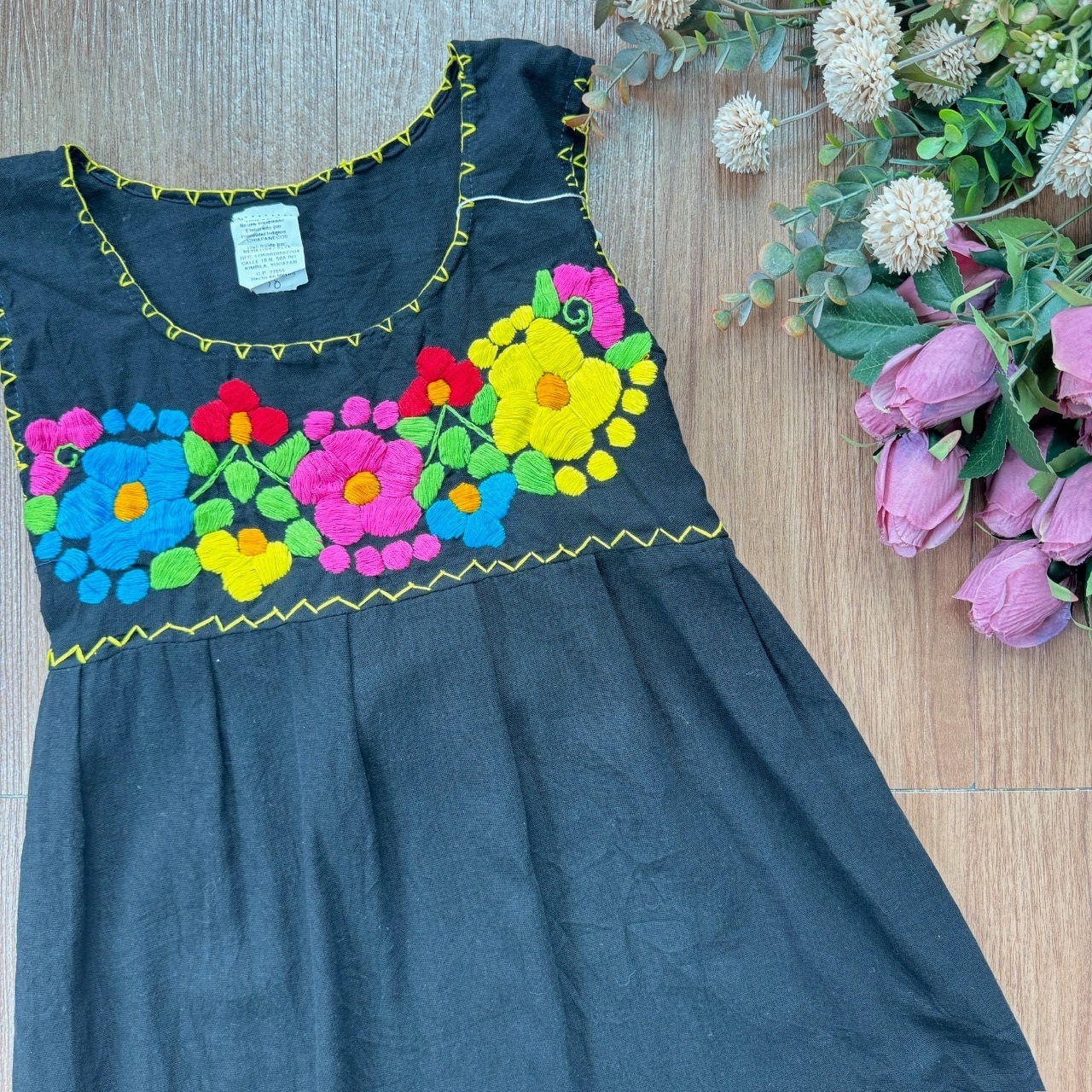 黑色墨西哥刺繡古著連身裙