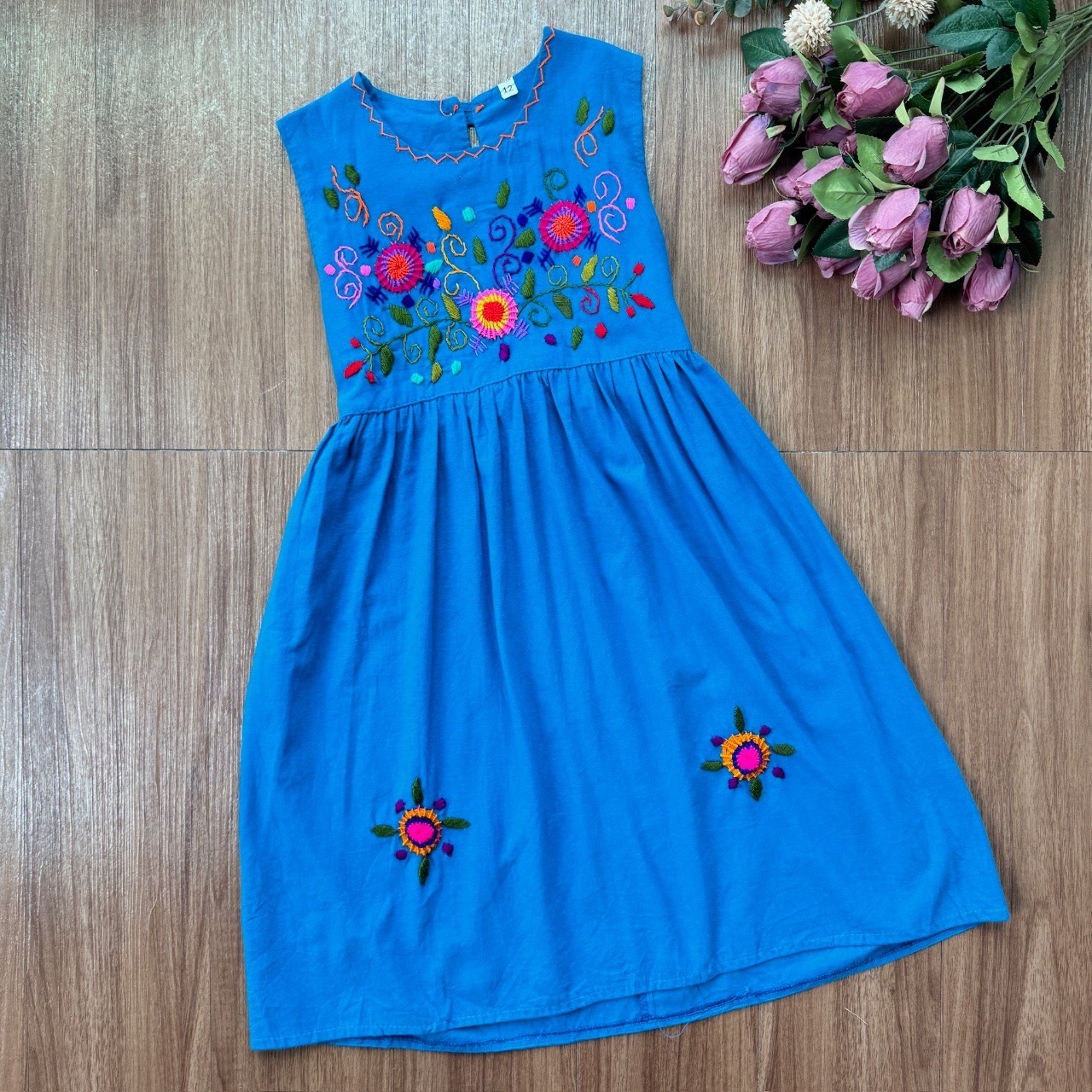 天藍色墨西哥刺繡古著連身裙