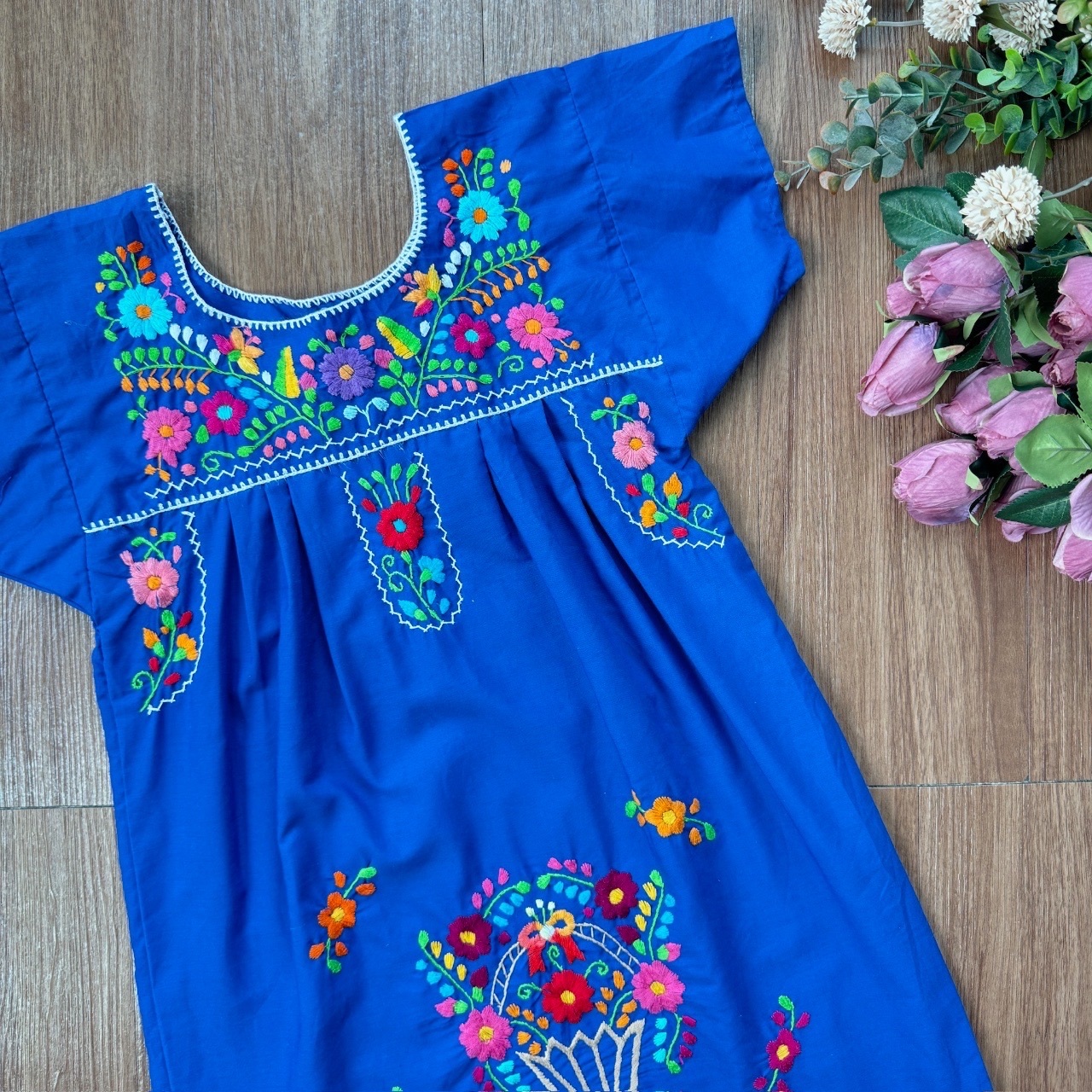 藍色墨西哥刺繡古著連身裙