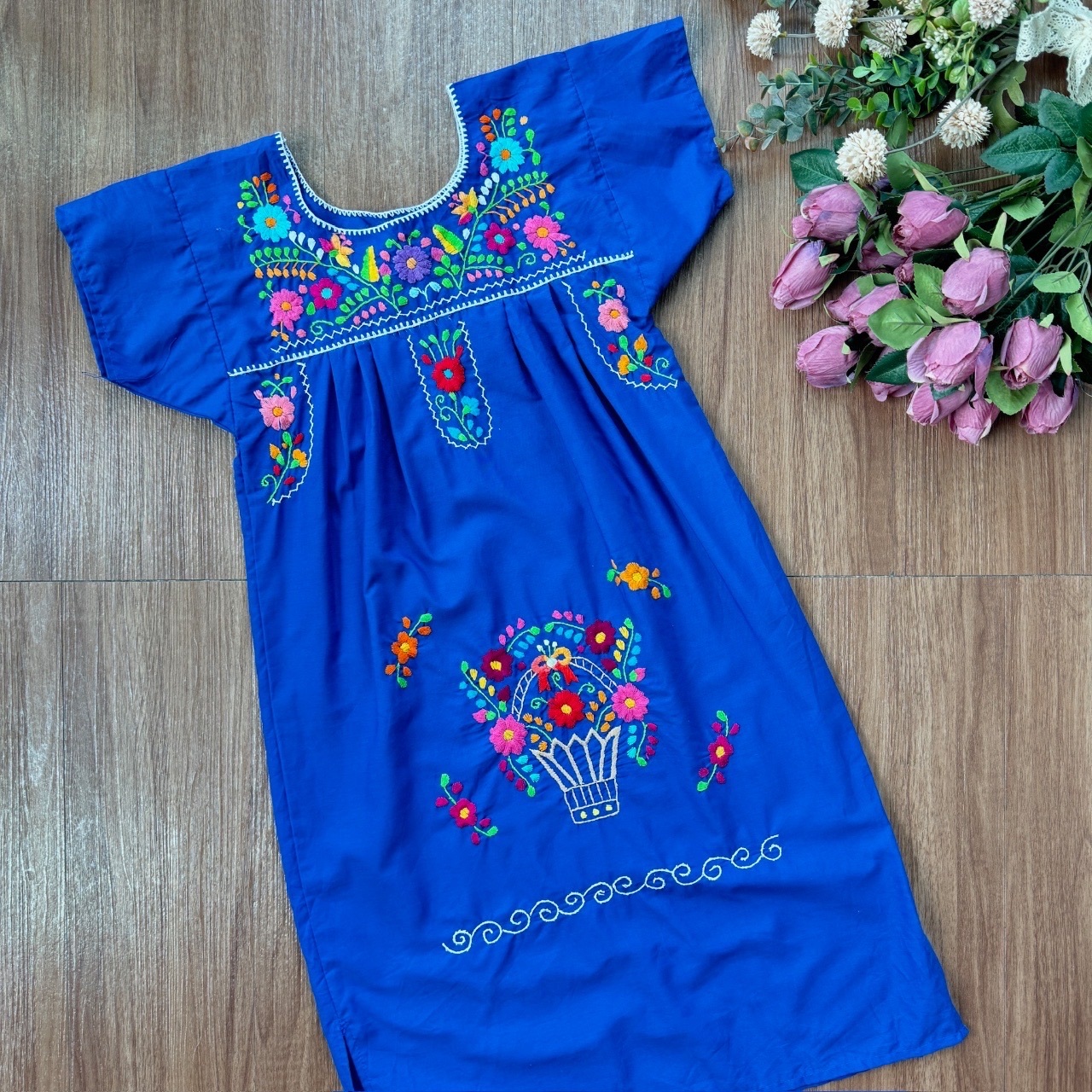 藍色墨西哥刺繡古著連身裙