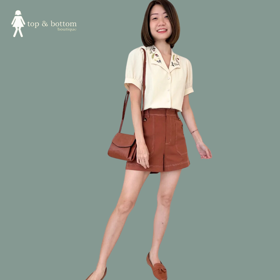 SHORT SLEEVE EMBROIDERED COLLARED BUTTON BLOUSE