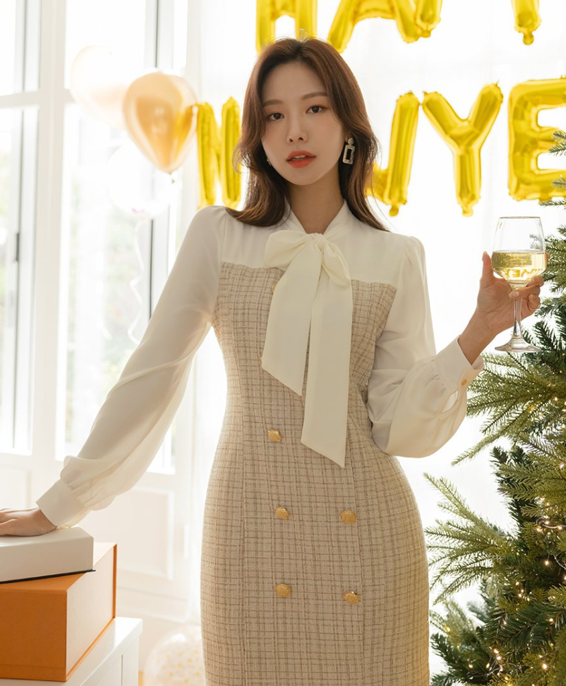 [現貨] Avery 浪漫領巾花呢洋裝 [ 2色 / S,M ]