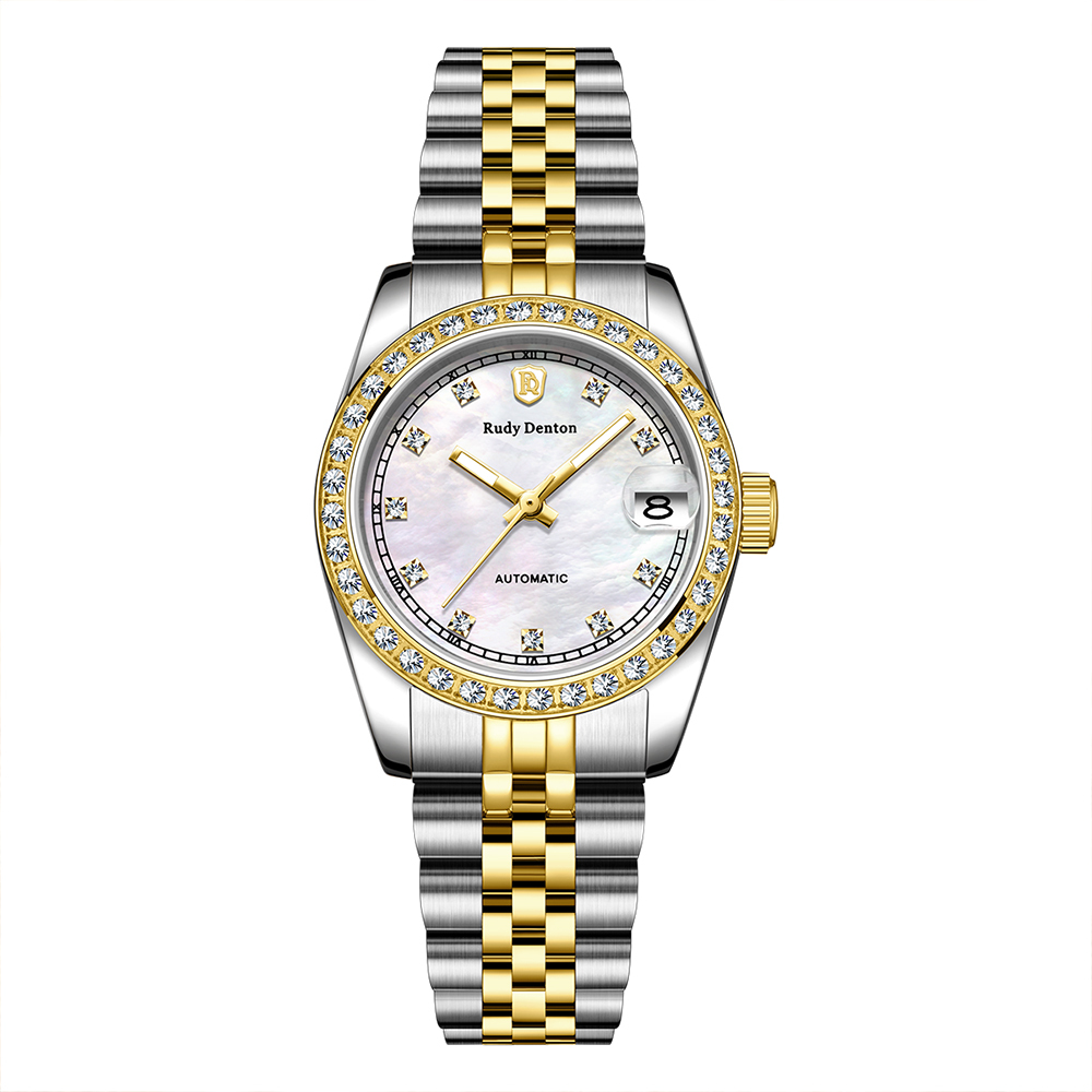 【RudyDenton 勞迪丹頓】RDT-006-S02 真鑽時標 珍珠貝母 夜光 晶鑽錶圈 帶日期 鏤空 機械 腕錶