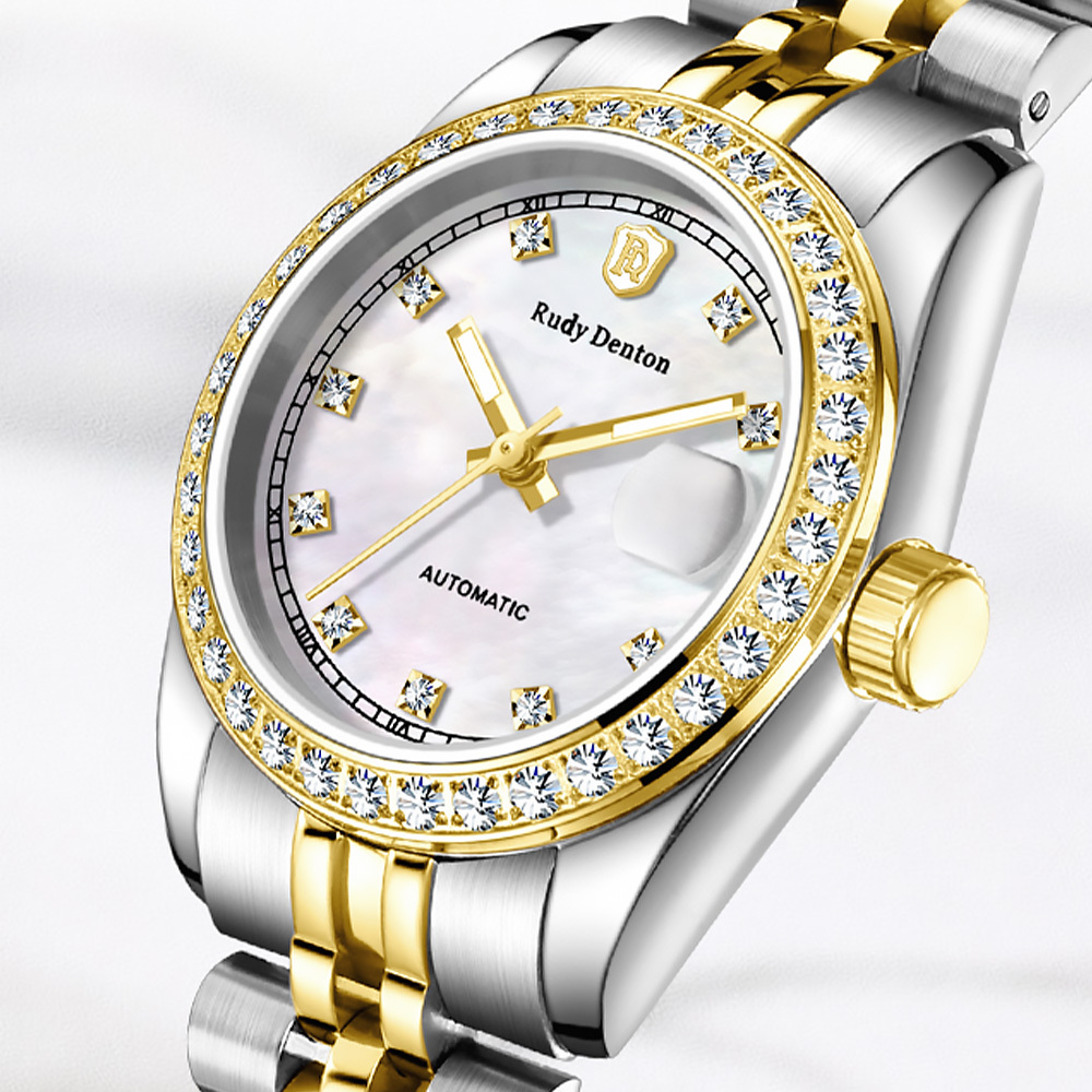 【RudyDenton 勞迪丹頓】RDT-006-S02 真鑽時標 珍珠貝母 夜光 晶鑽錶圈 帶日期 鏤空 機械 腕錶