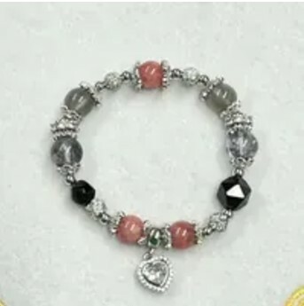 [S] GEMZ & CO ZBA CRYSTAL SILVER BRACELET, RHODOCHROSITE/OBSIDIAN/GEEY MOONSTONE/HERKIMER, Y309 (Y309)