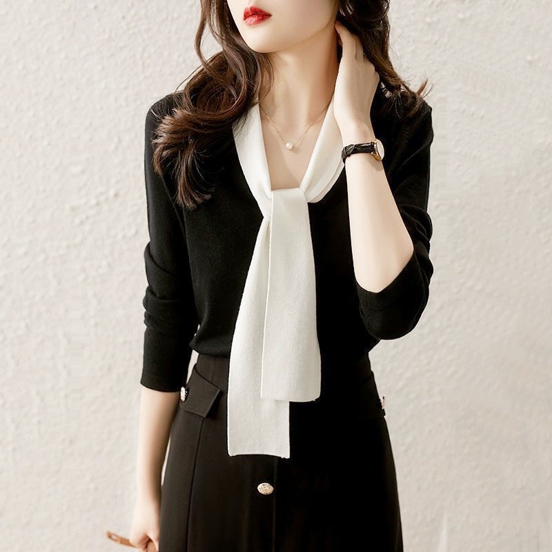 簡約配色領帶針織上衣 黑色