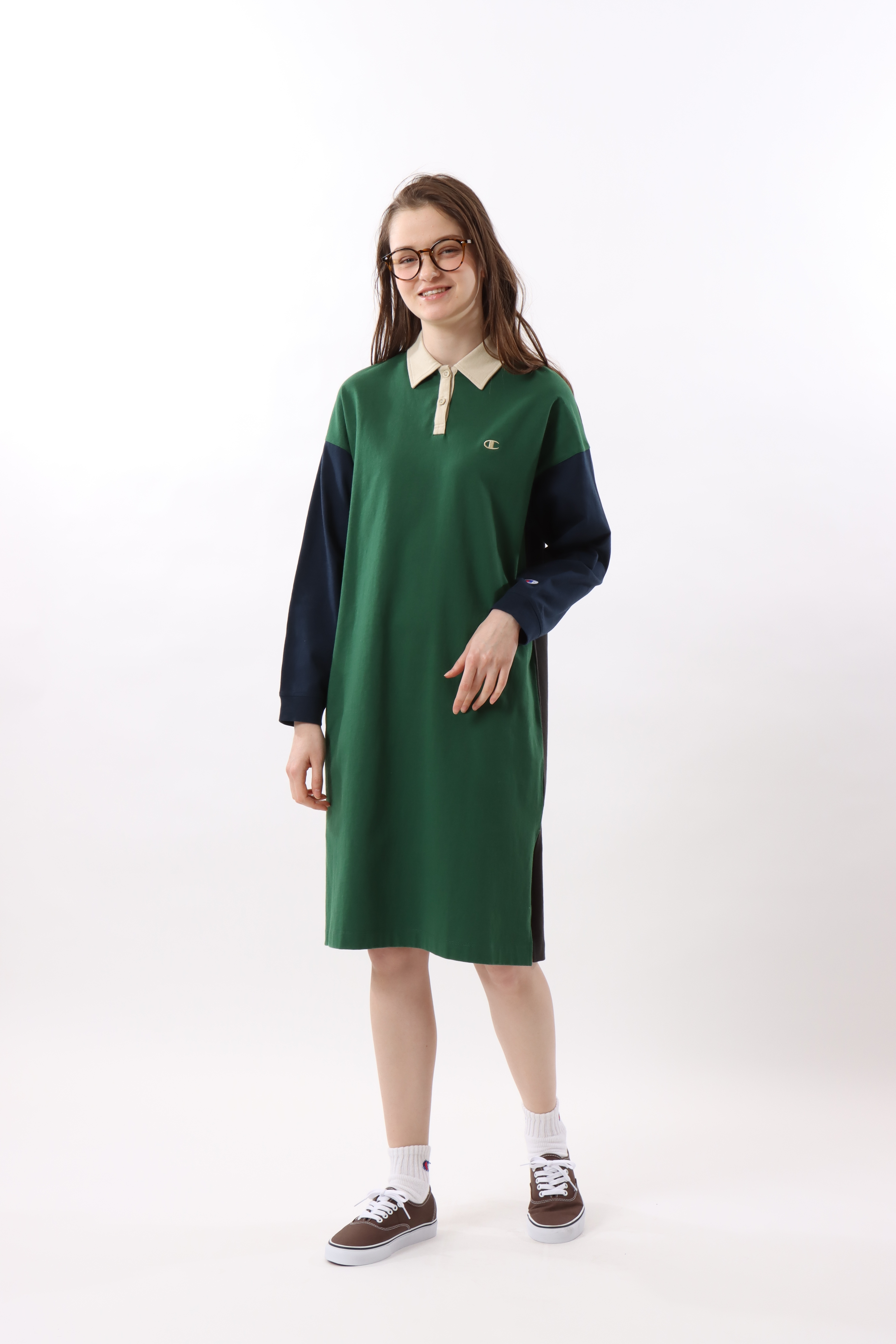 女款 -CASUAL POLO拼接連身洋裝-綠色（CW-W411-240）