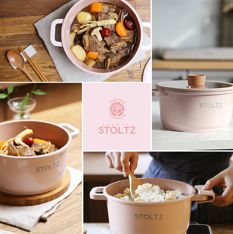 STOLTZ 韓國製 28CM 雙耳湯鍋連玻璃蓋 (玫瑰粉) RSNTLS-28 (電磁爐及明火均適用)