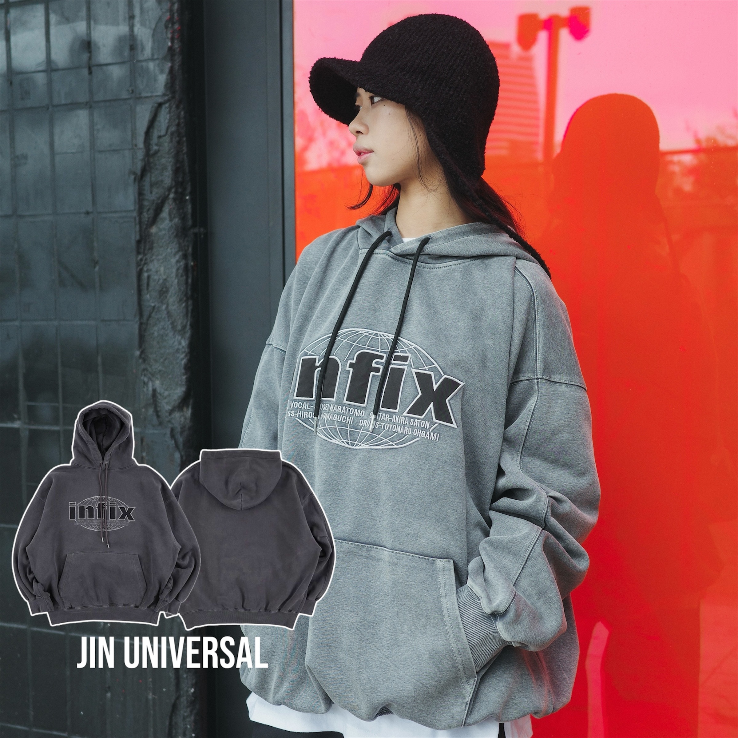 JIN UNIVERSAL 水洗 INFIX LOGO 帽T 摺袖設計 連帽上衣”平價系列”