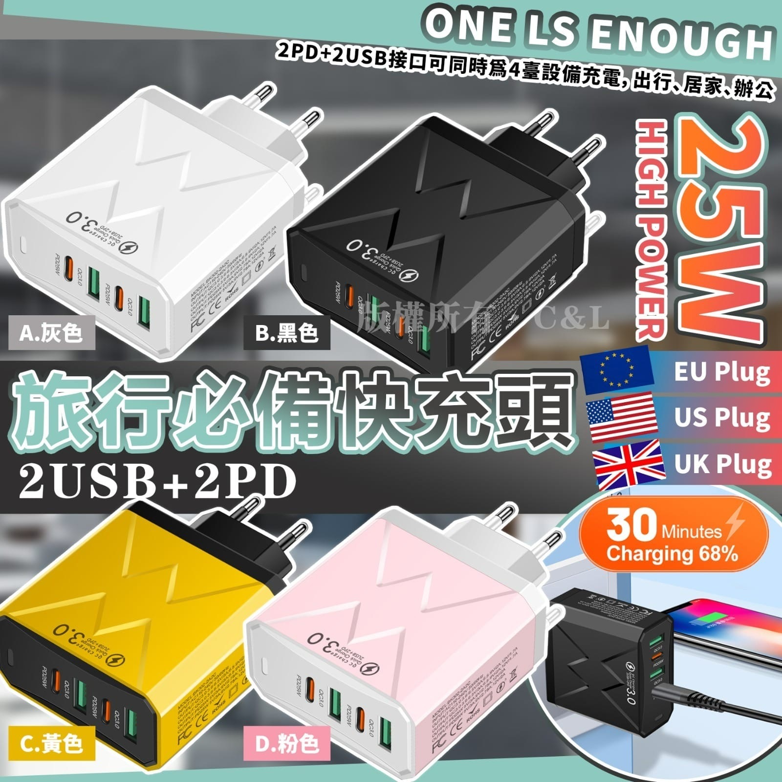 旅行必備2USB+2PD快充頭