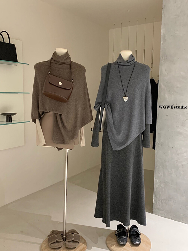 高領毛針織披肩斗篷-三色預購