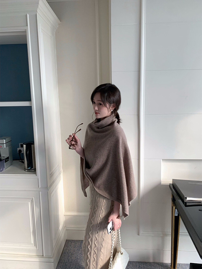高領毛針織披肩斗篷-三色預購