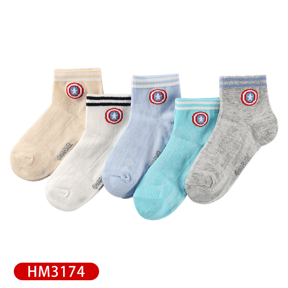 【虎兒寶】迪士尼系列 卡通造型兒童短襪 5雙組 - 美國隊長 條紋童襪  ( HM3174 )