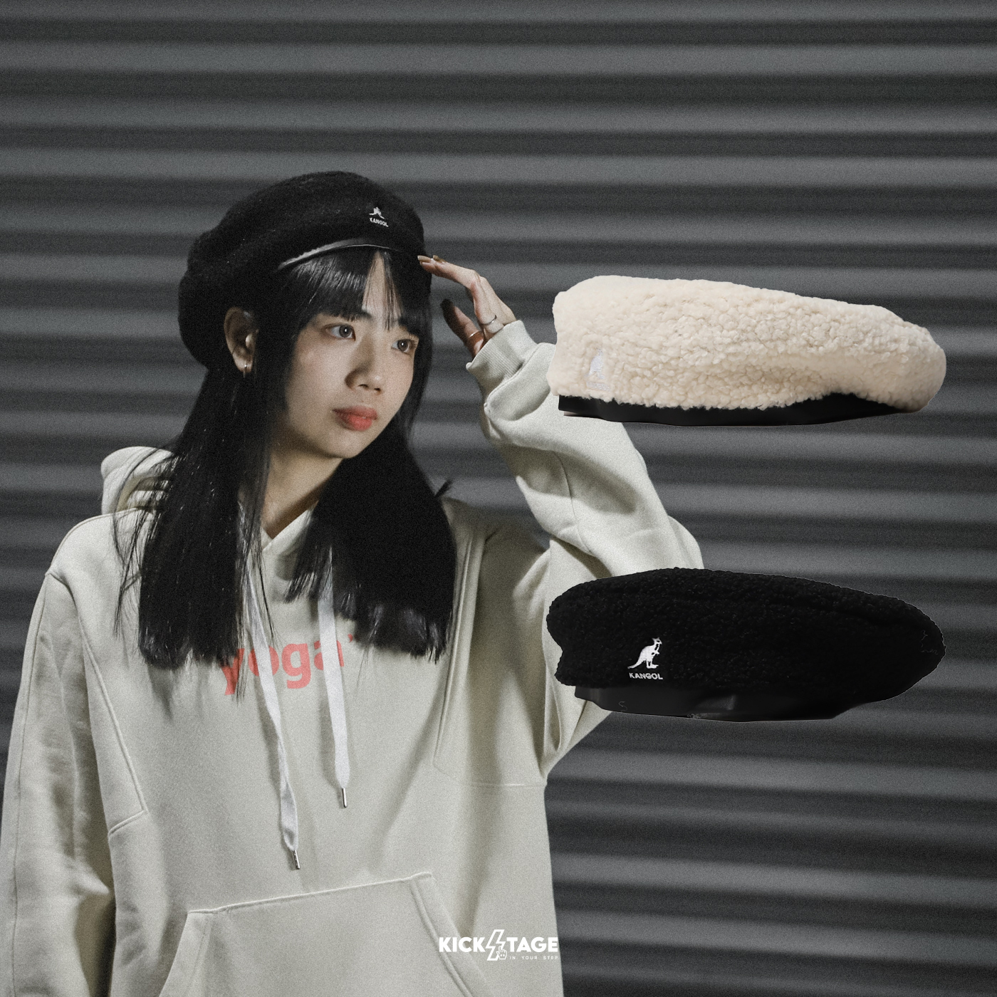 KANGOL NYLON PLUSH BERET 米白 黑色 英國袋鼠 羊羔毛 貝蕾帽【W21A5314】